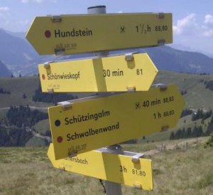A typical hiking guidepost in the Austrian alps