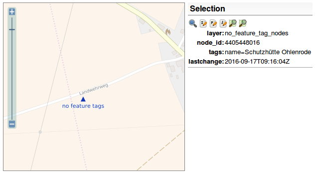 Screenshot OpenStreetMap Inspector, Objekte ohne Feature-Tags