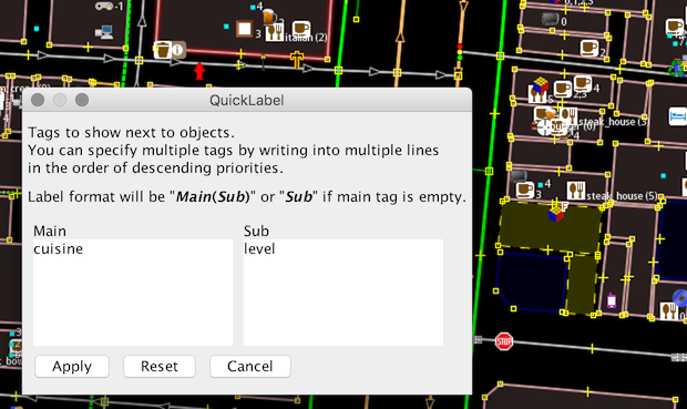 JOSM QuickLabel Screenshot