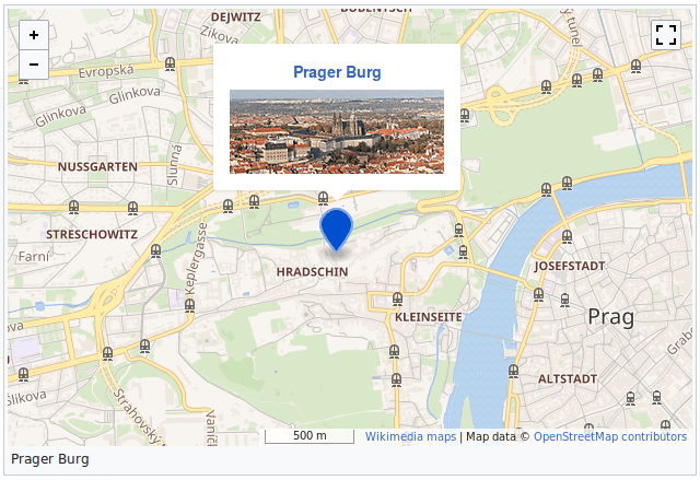 Karte mit der Umgebung der Prager Burg, wie sie in einem MediaWiki sein könnte