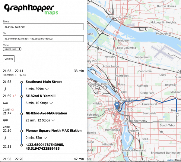 Screenshot ÖPNV-Routing-Demo Portland mit GraphHopper
