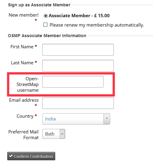 Screenshot aus dem Beitrittsformular für assoziierte Mitglieder, Benutzernamensfeld hervorgehoben